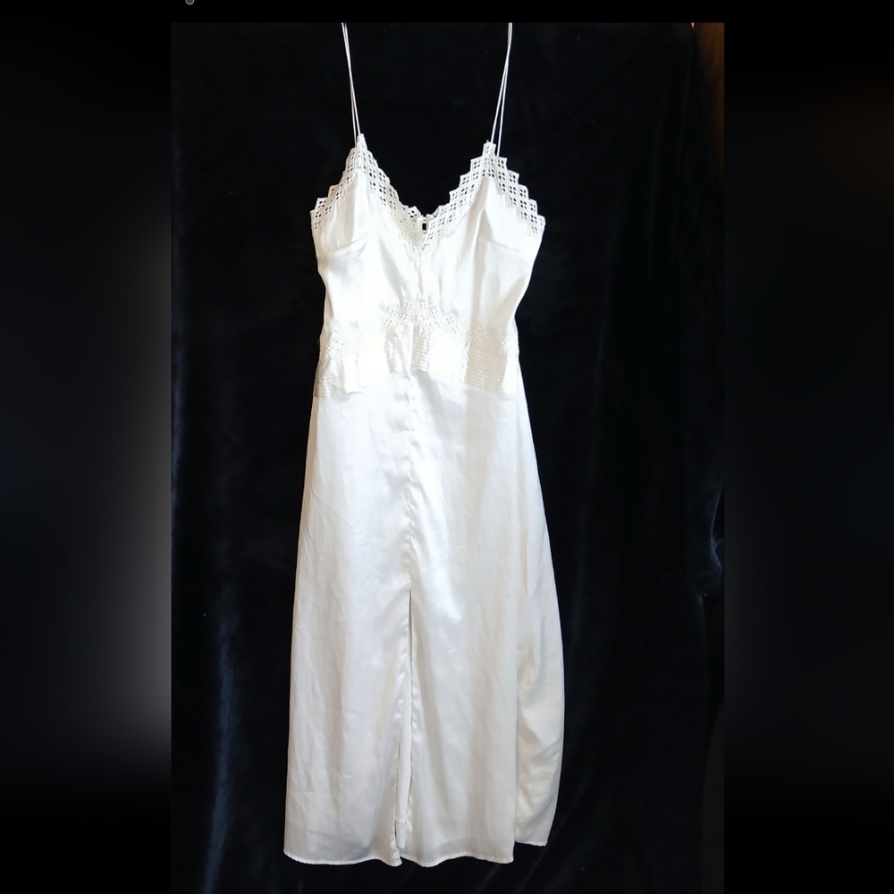 ZARA White Satin Slip Maxi Dress with Lace Embroidery Sz XS